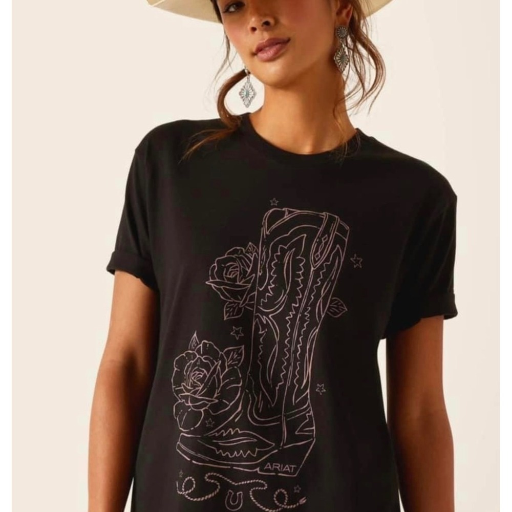 Ariat Womens Black Boyfriend Fit T Shirt XL NewTall Boot Rose Graphic‎